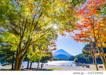 【山梨県】紅葉が始まった精進湖畔と初冠雪の富士山 【山梨県】紅葉が始まった精進湖畔と初冠雪の富士山 132729492