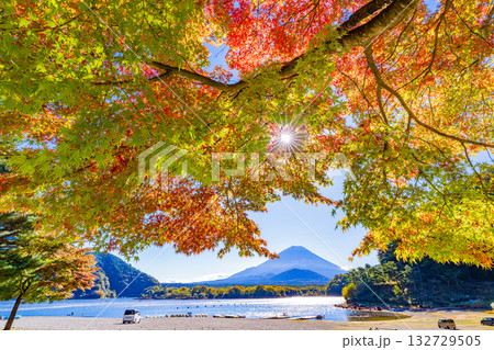 【山梨県】紅葉が始まった精進湖畔と初冠雪の富士山 【山梨県】紅葉が始まった精進湖畔と初冠雪の富士山 132729505