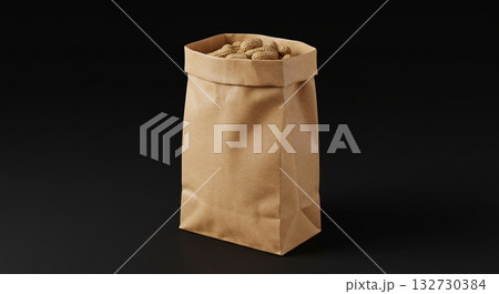 Brown Paper Bag Filled with Roasted Peanuts on Black Background 132730384