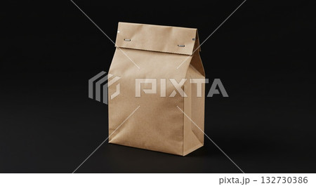 Brown Paper Bag with Stapled Closure on Black Background 132730386