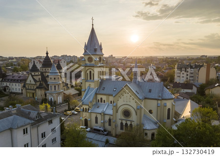 Aerial view of urban area in Ivano-Frankivsk city, Ukraine. Big building of old historic church in rural suburbs. 132730419