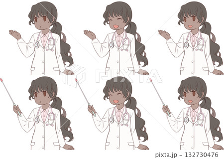 案内する女性医師、指し棒を持つ白衣の女性。説明する若い女性のクリップアート6点セット 132730476