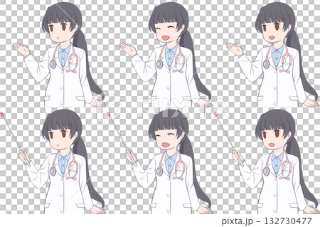 一位女醫師正在指導病人,一位身穿白大褂的女士手持指示棒。一組包含6張年輕女性講解的剪貼畫。 一位女醫師正在指導病人,一位身穿白大褂的女士手持指示棒。一組包含6張年輕女性講解的剪貼畫。 132730477