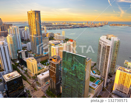 Aerial view of downtown office district of Miami Brickell in Florida, USA at sunset. High commercial and residential skyscraper buildings in modern American megapolis 132730571