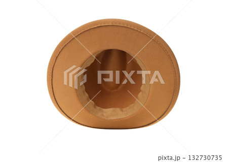 Brown felt hat with a round crown and wide brim, isolated, PNG 132730735