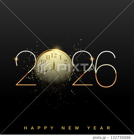 Elegant New Year 2026 line art clock with dissolving glitter. Vector Elegant New Year 2026 line art clock with dissolving glitter. Vector 132730886