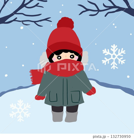 雪が舞い始めた道でマフラーを巻く人 132730950