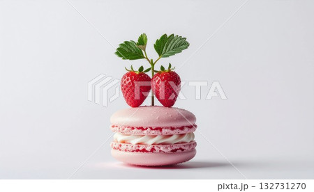 いちごの実が生えたピンクのマカロンデザート　generative ai 132731270