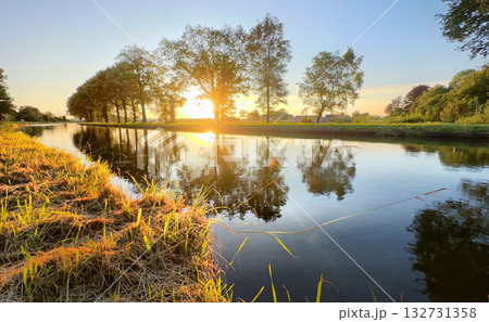 A Serene Sunset Reflection on a Calm and Beautiful River Landscape During Evening Time 132731358