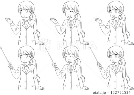 案内する女性薬剤師、指し棒を持つ白衣の女性。説明する若い女性の線画6点セット 132731534