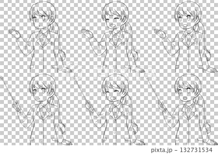 案内する女性薬剤師、指し棒を持つ白衣の女性。説明する若い女性の線画6点セット 132731534