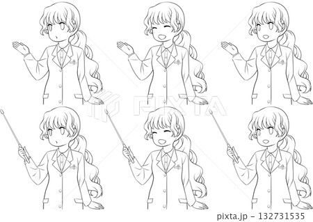 案内する女性薬剤師、指し棒を持つ白衣の女性。説明する若い女性の線画6点セット 132731535
