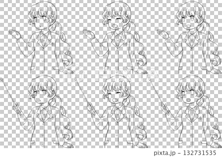 案内する女性薬剤師、指し棒を持つ白衣の女性。説明する若い女性の線画6点セット 132731535