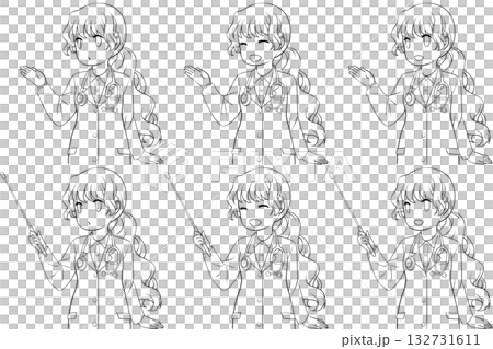 一位女醫生在指導，一位身穿白大褂的女士手持指示棒。一組六幅年輕女性的線條畫，正在講解。 132731611