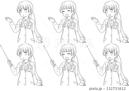 案内する女性医師、指し棒を持つ白衣の女性。説明する若い女性の線画6点セット 132731612