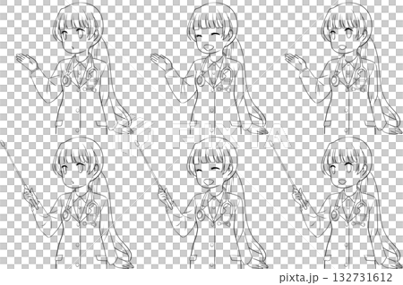 案内する女性医師、指し棒を持つ白衣の女性。説明する若い女性の線画6点セット 132731612