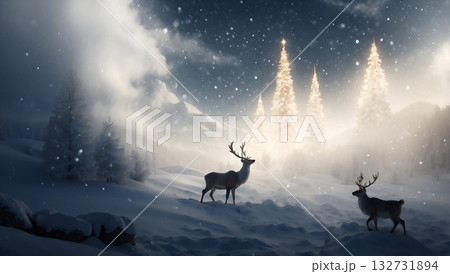 トナカイとクリスマスツリーのある風景　AI生成素材 132731894