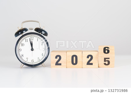 2025 end year to Happy New Year 2026 with vintage alarm clock. Christmas, New Start, Resolution, countdown, Goals, Plan, Action and Motivation Concept 132731986