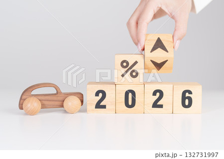 2026 New Year with percentage change to UP and Down arrow with car model. Car loan, Interest rate, Insurance, Financial, vehicle Repair, Automobile Tax, mortgage and Maintenance 132731997
