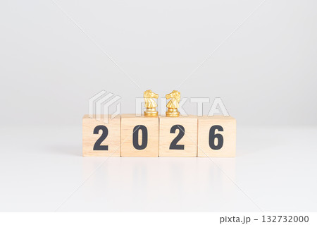 Happy New Year 2026 year block with horse chess. Year of the Horse, animals of the Chinese zodiac, horoscope, success and good fortune Happy New Year 2026 year block with horse chess. Year of the Horse, animals of the Chinese zodiac, horoscope, success and good fortune 132732000