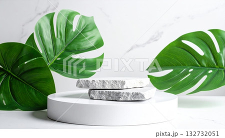 White Stone Podium with Tropical Leaves Minimal 132732051