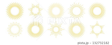 Golden sunburst frame collection. Retro gold radial sun light border set. Vector yellow round boarder bundle. Vintage royal sun beams or rays circle element pack for cadre, decor, label, badge, emblem 132732182