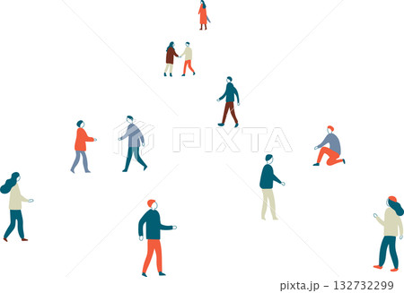 手描き風のゆるい人々のイラスト｜冬の街を歩くシンプルな人物素材 132732299