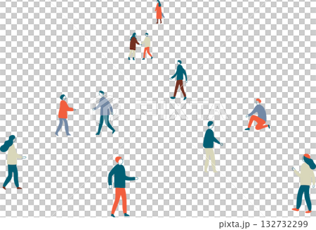 手描き風のゆるい人々のイラスト｜冬の街を歩くシンプルな人物素材 132732299