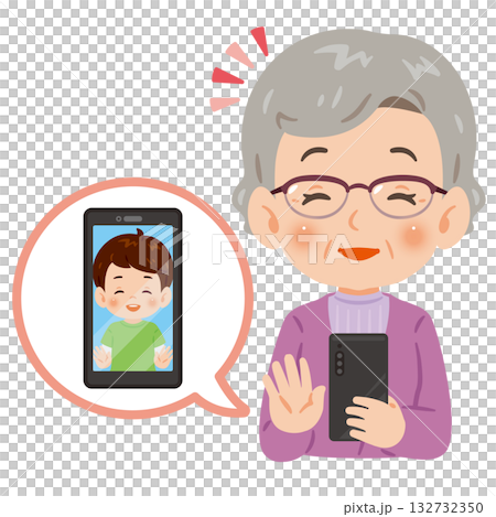 Senior woman making a video call on a smartphone Upper body illustration 132732350