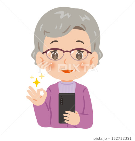 スマートフォンを持ってOKポーズするシニア女性　上半身イラスト 132732351