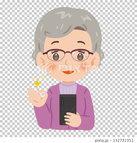 一位老年女性手持智慧型手機，擺出「OK」的姿勢。上半身插圖 132732351