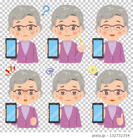 Senior woman showing smartphone screen Upper body illustration set 132732354