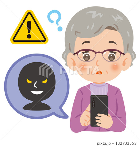 スマートフォンによる犯罪とシニア女性 上半身イラスト スマートフォンによる犯罪とシニア女性 上半身イラスト 132732355