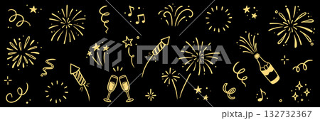 Fireworks new year set. Hand drawn vector elements with doodle golden confetti, firecracker and festive sparkle for birthday, party, or new year celebration. Gold firework vector Fireworks new year set. Hand drawn vector elements with doodle golden confetti, firecracker and festive sparkle for birthday, party, or new year celebration. Gold firework vector 132732367