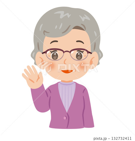 片手を上げて挨拶するシニア女性　上半身イラスト 132732411