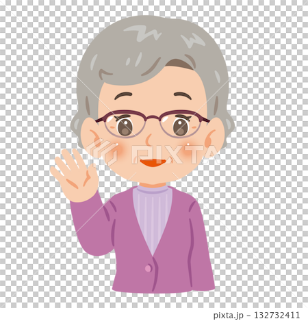片手を上げて挨拶するシニア女性　上半身イラスト 132732411