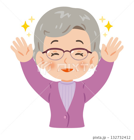 両手を上げて万歳する笑顔のシニア女性 上半身イラスト 両手を上げて万歳する笑顔のシニア女性 上半身イラスト 132732412