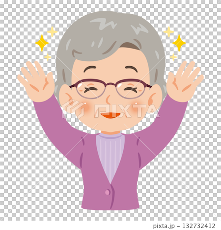 両手を上げて万歳する笑顔のシニア女性 上半身イラスト 両手を上げて万歳する笑顔のシニア女性 上半身イラスト 132732412