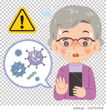 一位老年婦女的智慧型手機感染了病毒，圖中可見她的上半身。 132732418