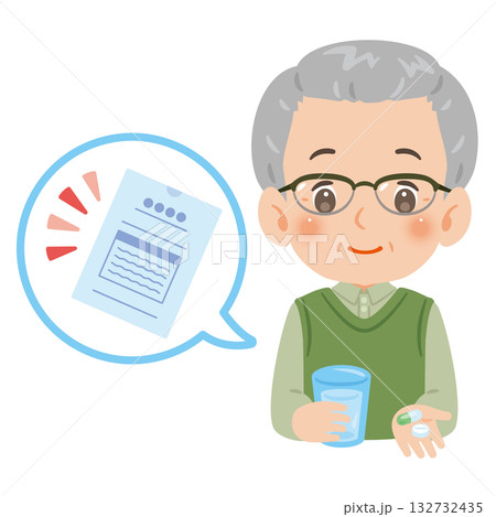 薬を飲むシニア男性　上半身イラスト 132732435