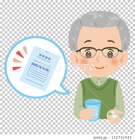 薬を飲むシニア男性　上半身イラスト 132732435