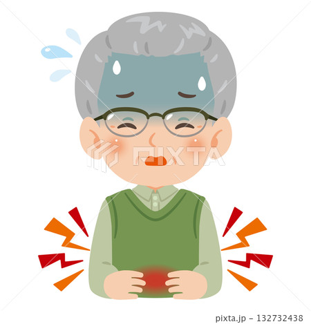 腹痛で苦しむシニア男性　上半身イラスト 132732438