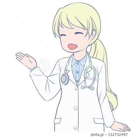 手で示して案内する笑顔の女性医師。説明する若い女性のクリップアート 手で示して案内する笑顔の女性医師。説明する若い女性のクリップアート 132732497
