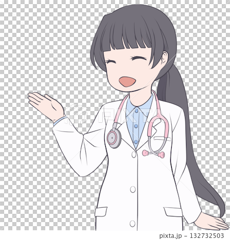 A smiling female doctor pointing with her hand to guide. Clip art of a young woman explaining A smiling female doctor pointing with her hand to guide. Clip art of a young woman explaining 132732503