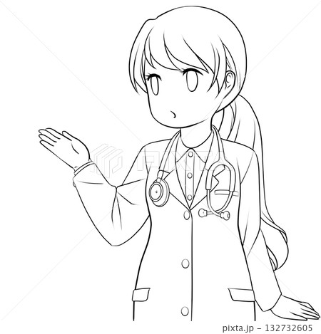 手で示して案内する可愛い女性医師。説明する若い女性のモノクロ線画 132732605