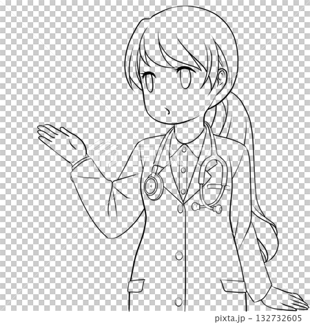 手で示して案内する可愛い女性医師。説明する若い女性のモノクロ線画 132732605