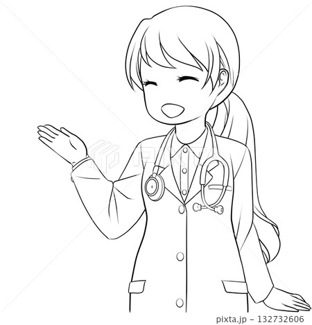 手で示して案内する笑顔の女性医師。説明する若い女性のモノクロ線画 132732606