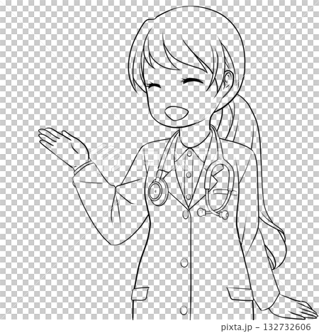 手で示して案内する笑顔の女性医師。説明する若い女性のモノクロ線画 132732606