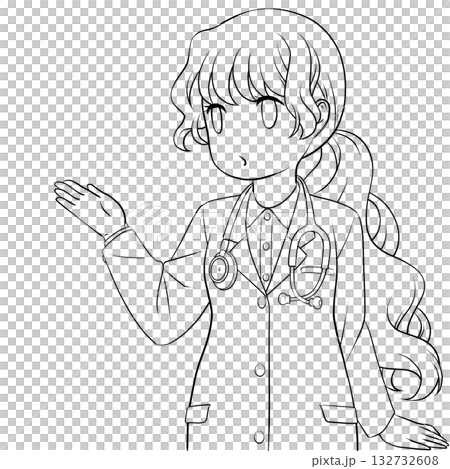 A cute female doctor pointing and guiding with her hand. A monochrome line drawing of a young woman explaining 132732608