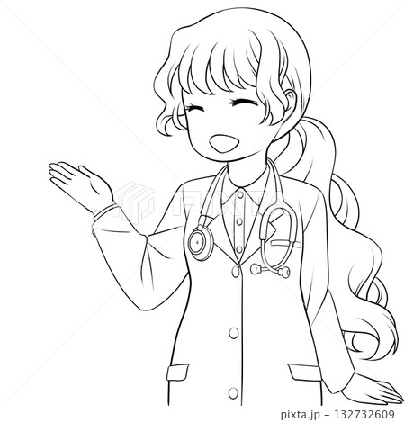 手で示して案内する笑顔の女性医師。説明する若い女性のモノクロ線画 132732609